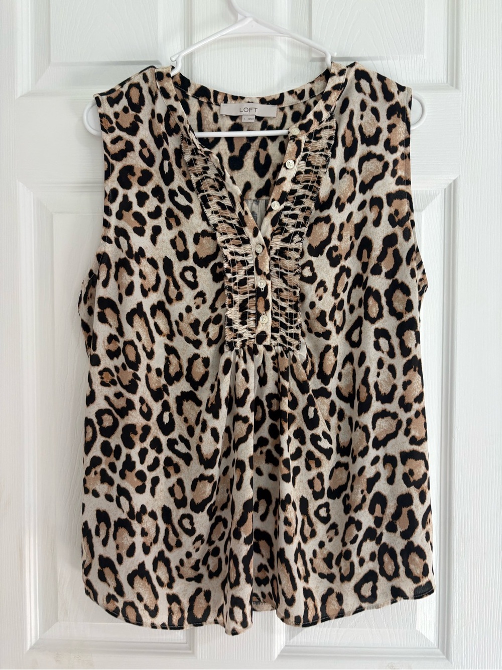 LOFT Leopard Print Ruffle V-Neck Sleeveless Top - Beige & Black